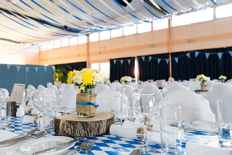 Elegantly set banquet tables at an outdoor event